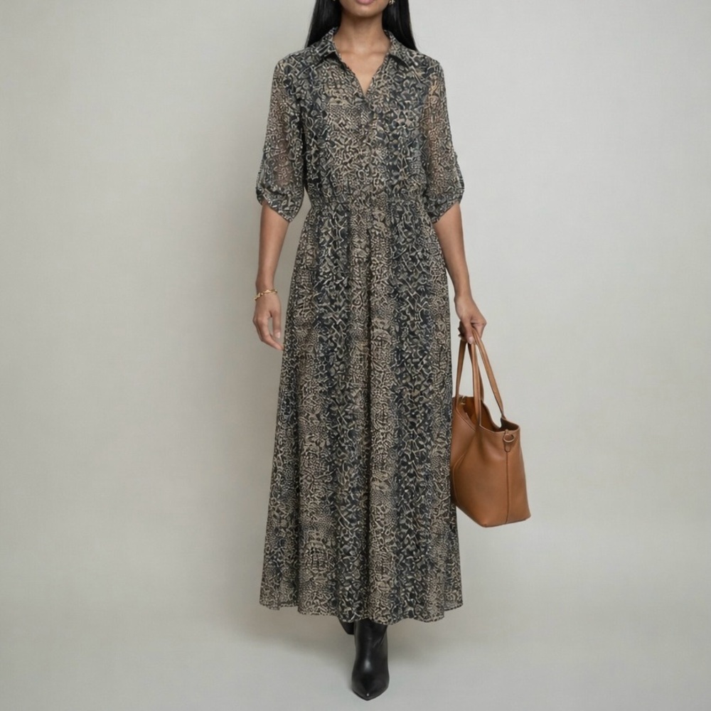 Moda International Snake Animal Print Black Tan Button Front Maxi Shirt Dress M
